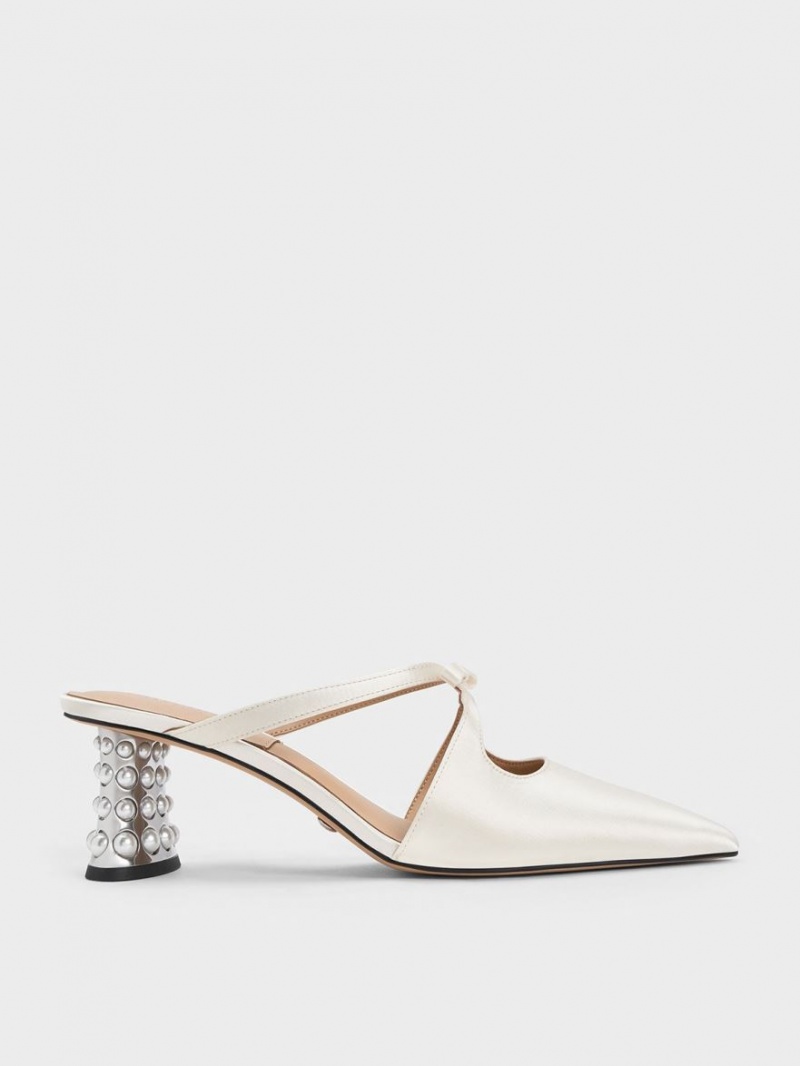 Mules Charles And Keith Jacinda Beaded Heel Bow ασπρα | 28193-KRSV
