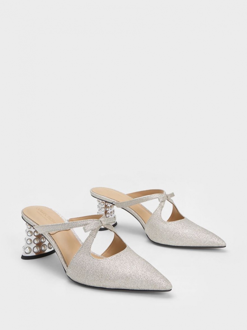 Mules Charles And Keith Jacinda Beaded Heel Glittered Bow ασημι | 56714-NXJV