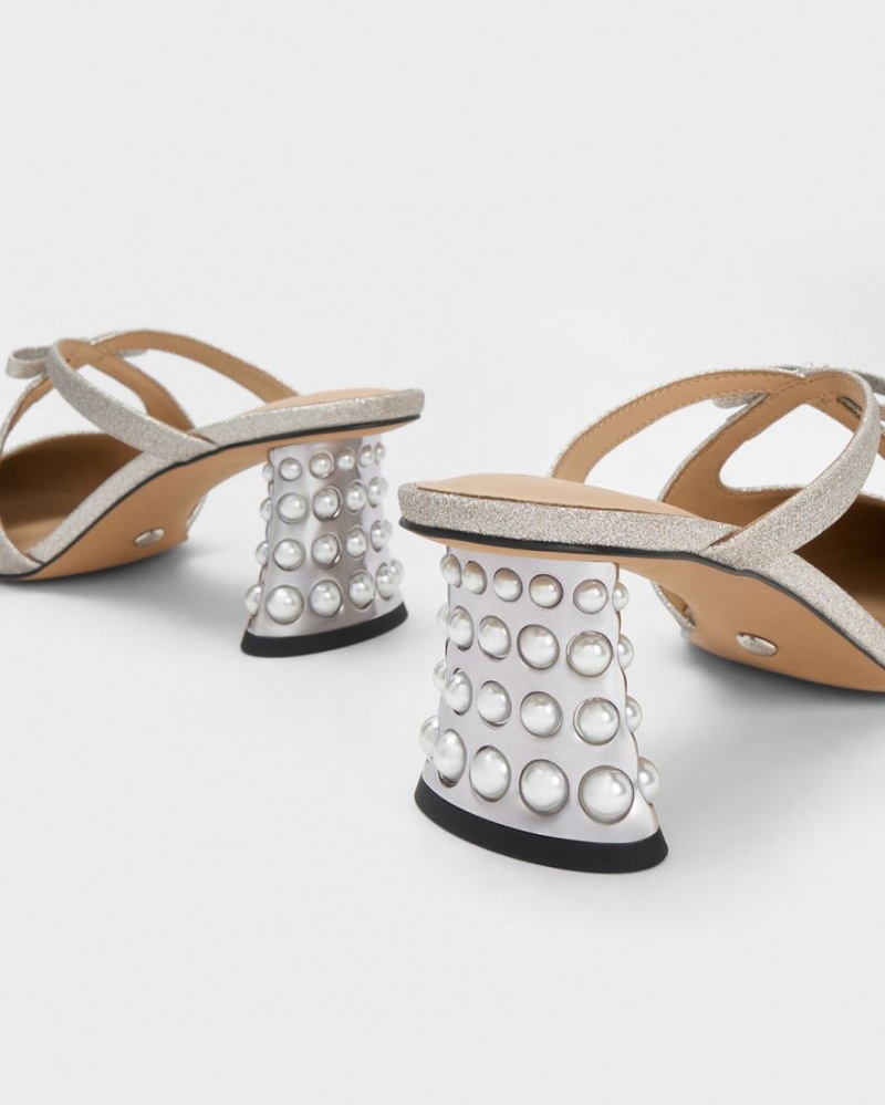 Mules Charles And Keith Jacinda Beaded Heel Glittered Bow ασημι | 56714-NXJV