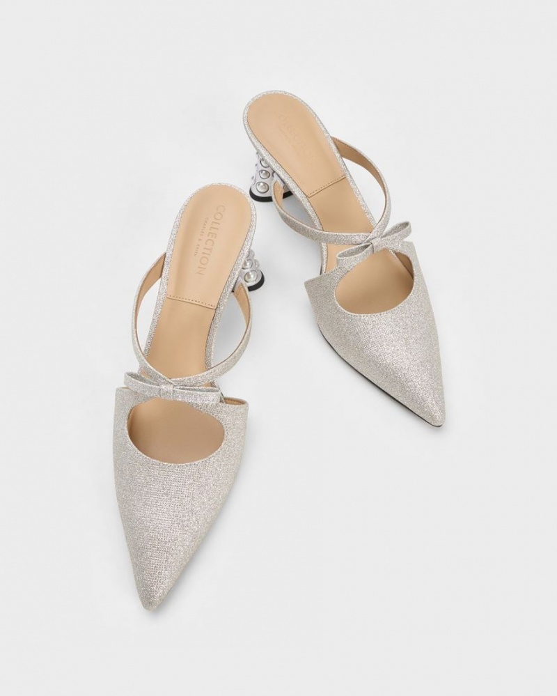 Mules Charles And Keith Jacinda Beaded Heel Glittered Bow ασημι | 56714-NXJV
