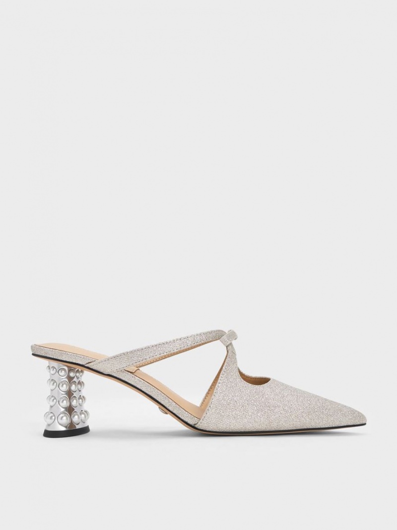 Mules Charles And Keith Jacinda Beaded Heel Glittered Bow ασημι | 56714-NXJV
