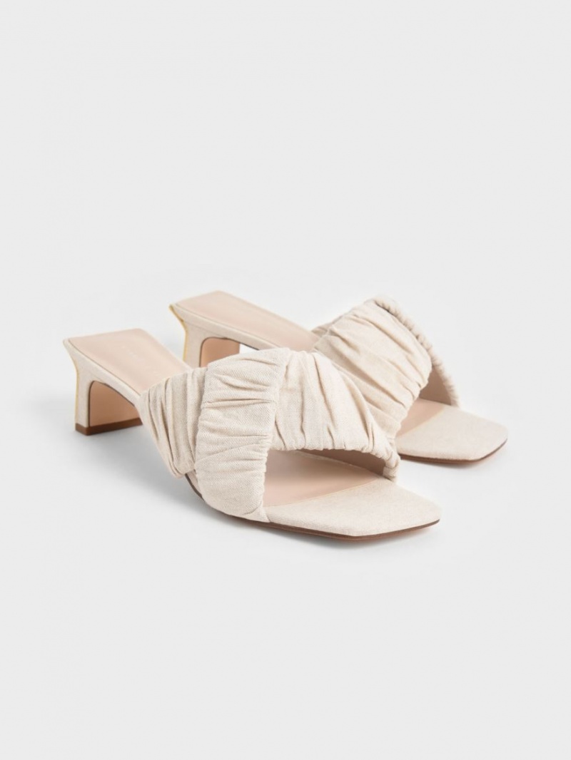 Mules Charles And Keith Linen Asymmetric Ruched κρέμα | 74265-MSJG
