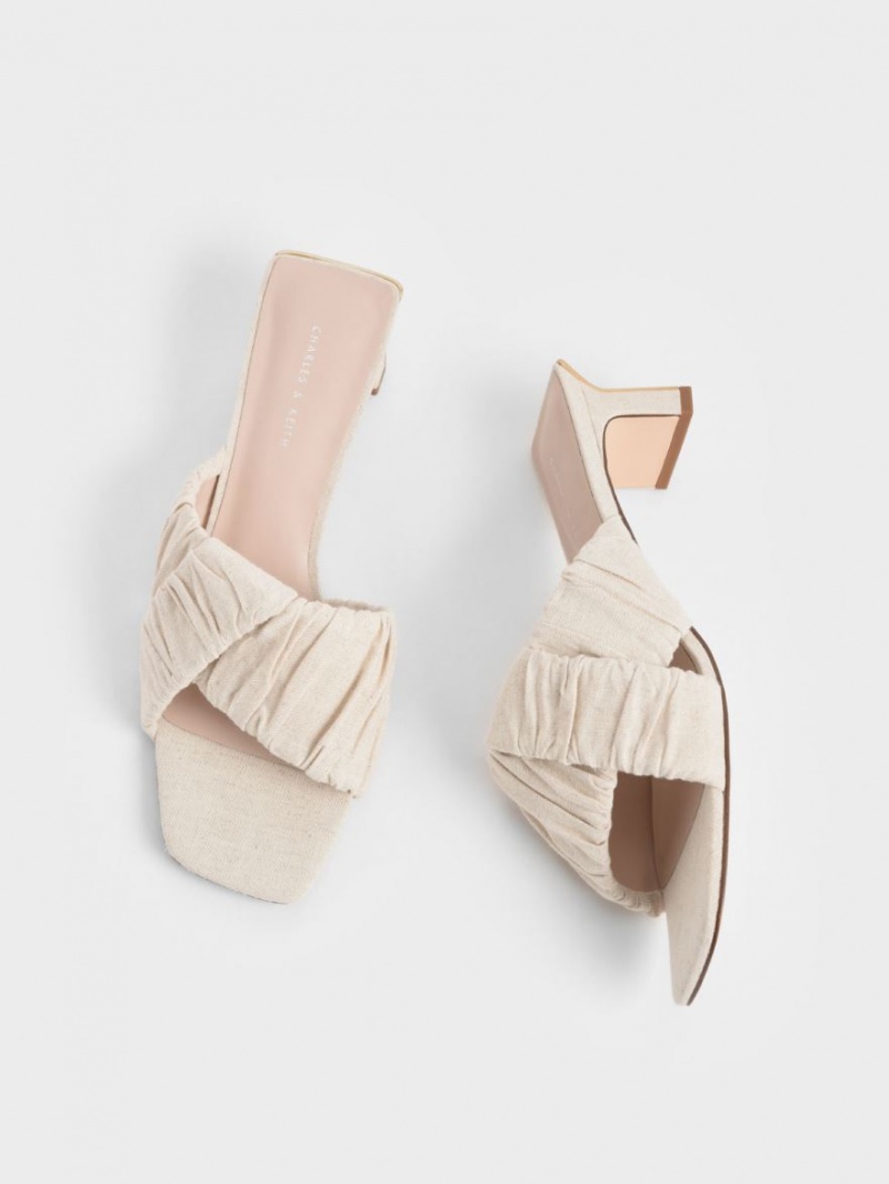 Mules Charles And Keith Linen Asymmetric Ruched κρέμα | 74265-MSJG