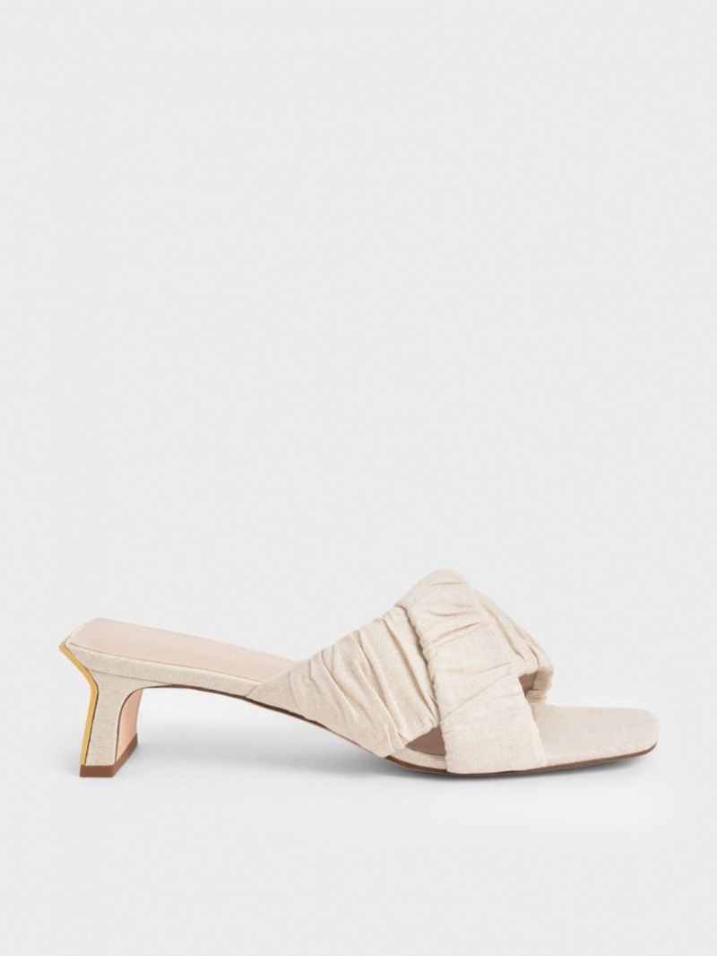 Mules Charles And Keith Linen Asymmetric Ruched κρέμα | 74265-MSJG