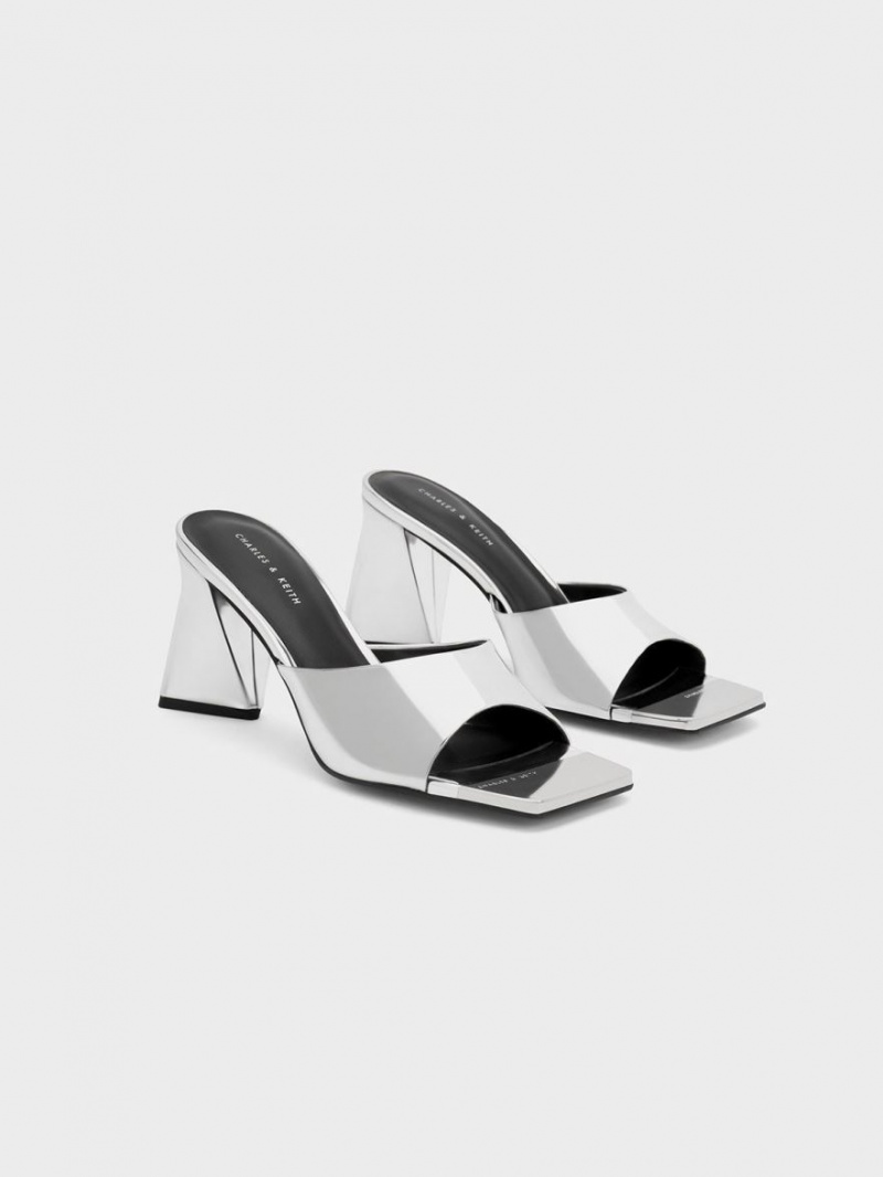 Mules Charles And Keith Metallic Cap Sculptural Heel ασημι | 05924-LRJZ