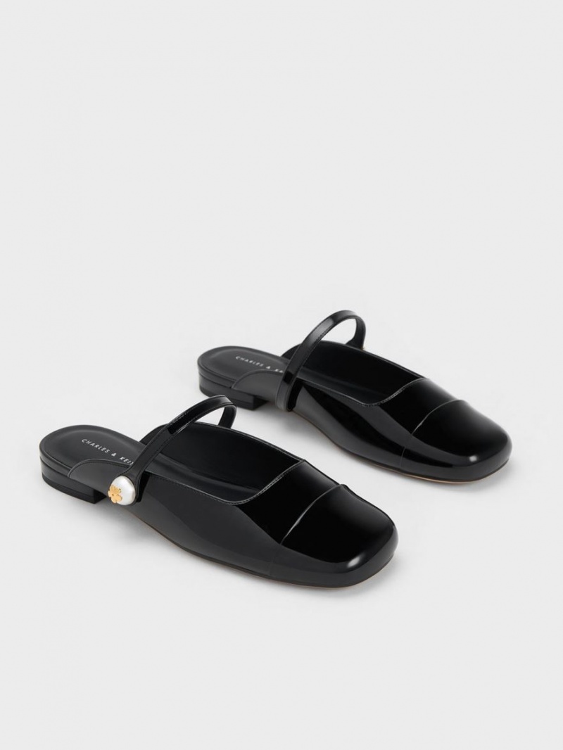 Mules Charles And Keith Pearl Embellished λουστρινι φλατ μαυρα | 89731-GNKC