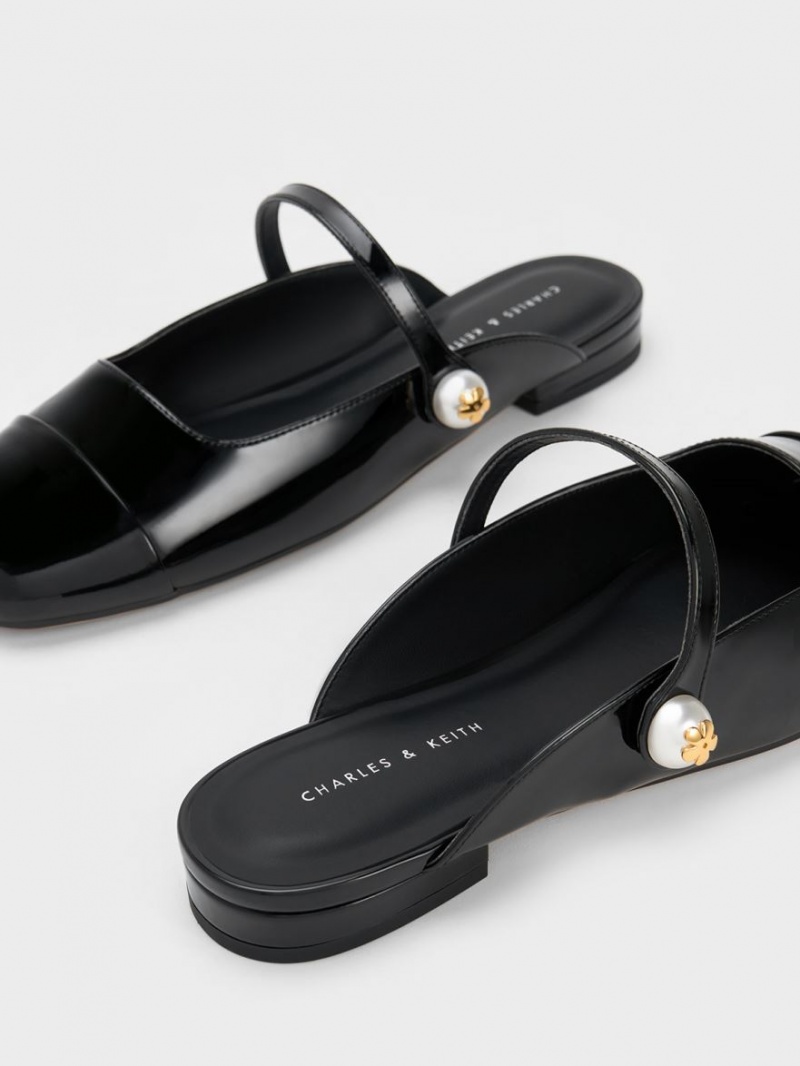 Mules Charles And Keith Pearl Embellished λουστρινι φλατ μαυρα | 89731-GNKC