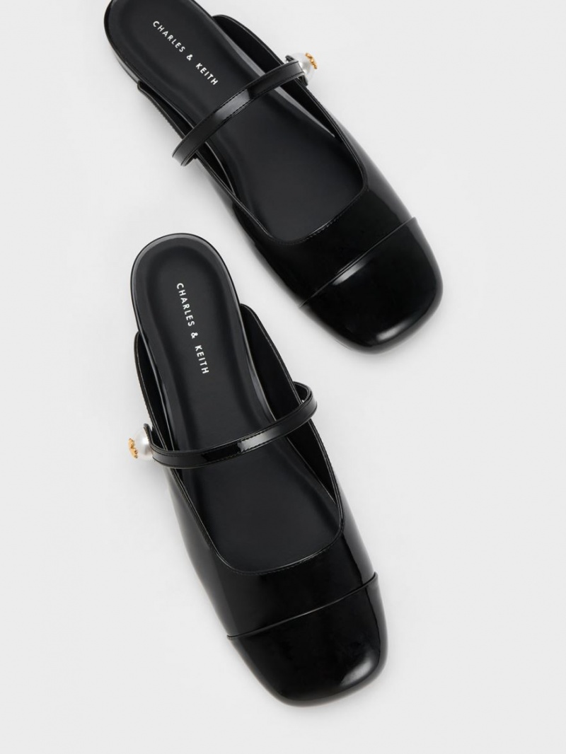 Mules Charles And Keith Pearl Embellished λουστρινι φλατ μαυρα | 89731-GNKC