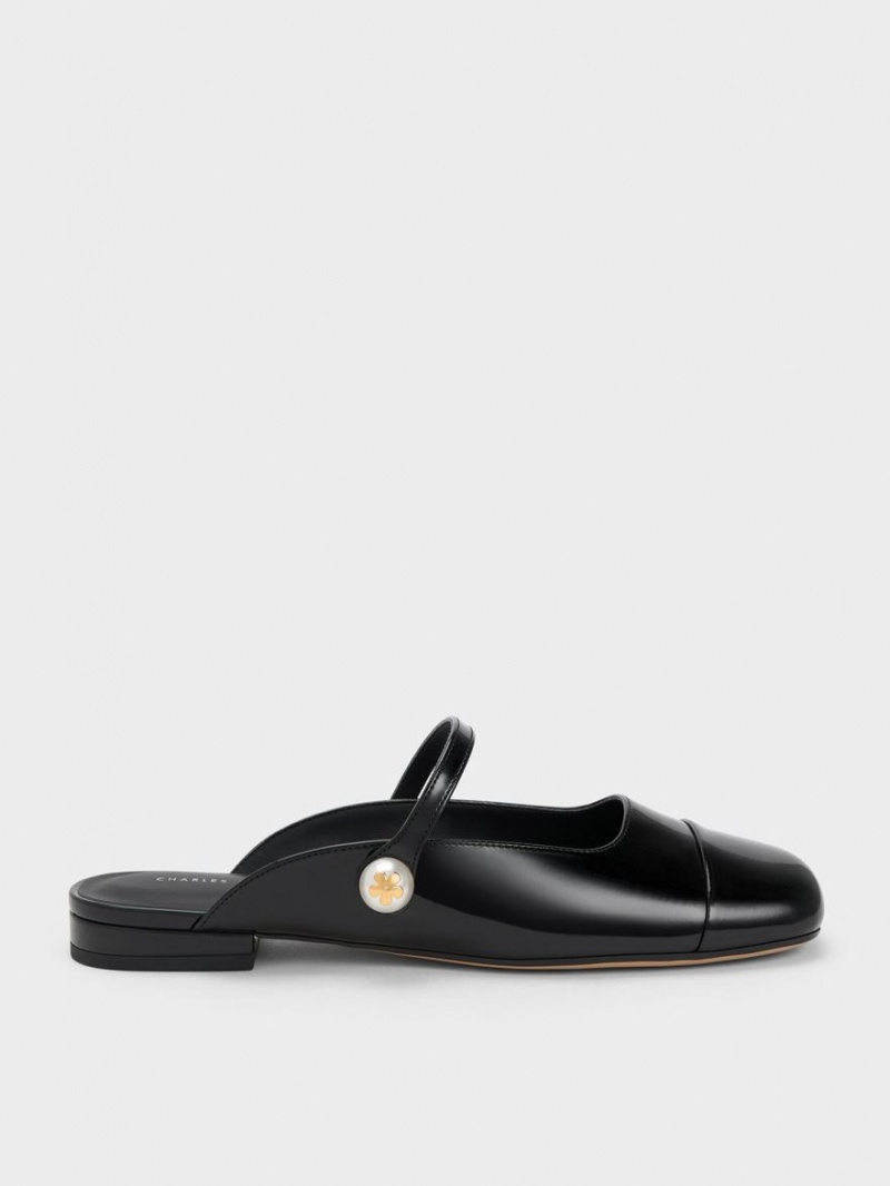 Mules Charles And Keith Pearl Embellished λουστρινι φλατ μαυρα | 89731-GNKC