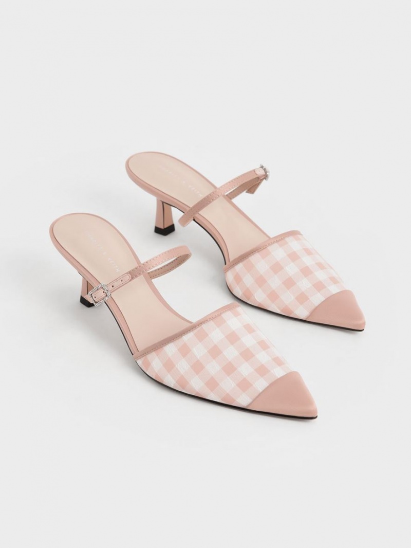 Mules Charles And Keith Satin & Check-Print Embellished-πόρπης ροζ | 10625-AFKL