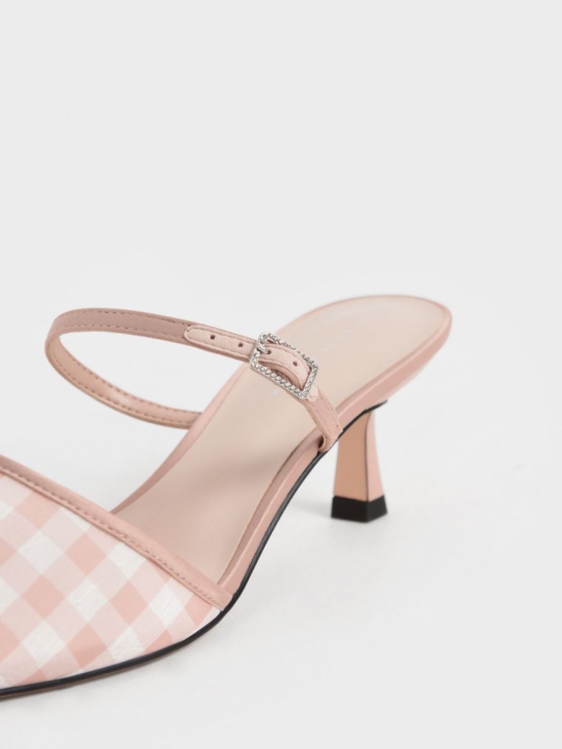 Mules Charles And Keith Satin & Check-Print Embellished-πόρπης ροζ | 10625-AFKL