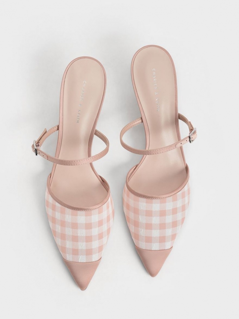 Mules Charles And Keith Satin & Check-Print Embellished-πόρπης ροζ | 10625-AFKL