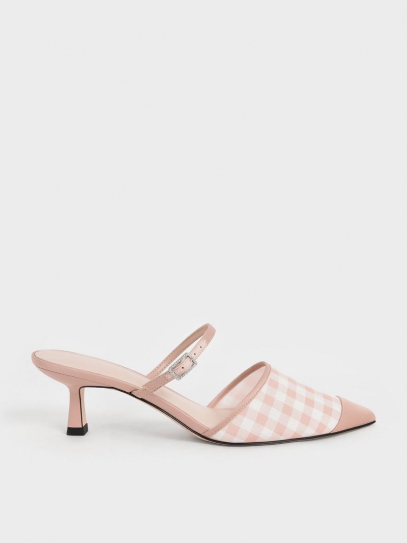 Mules Charles And Keith Satin & Check-Print Embellished-πόρπης ροζ | 10625-AFKL
