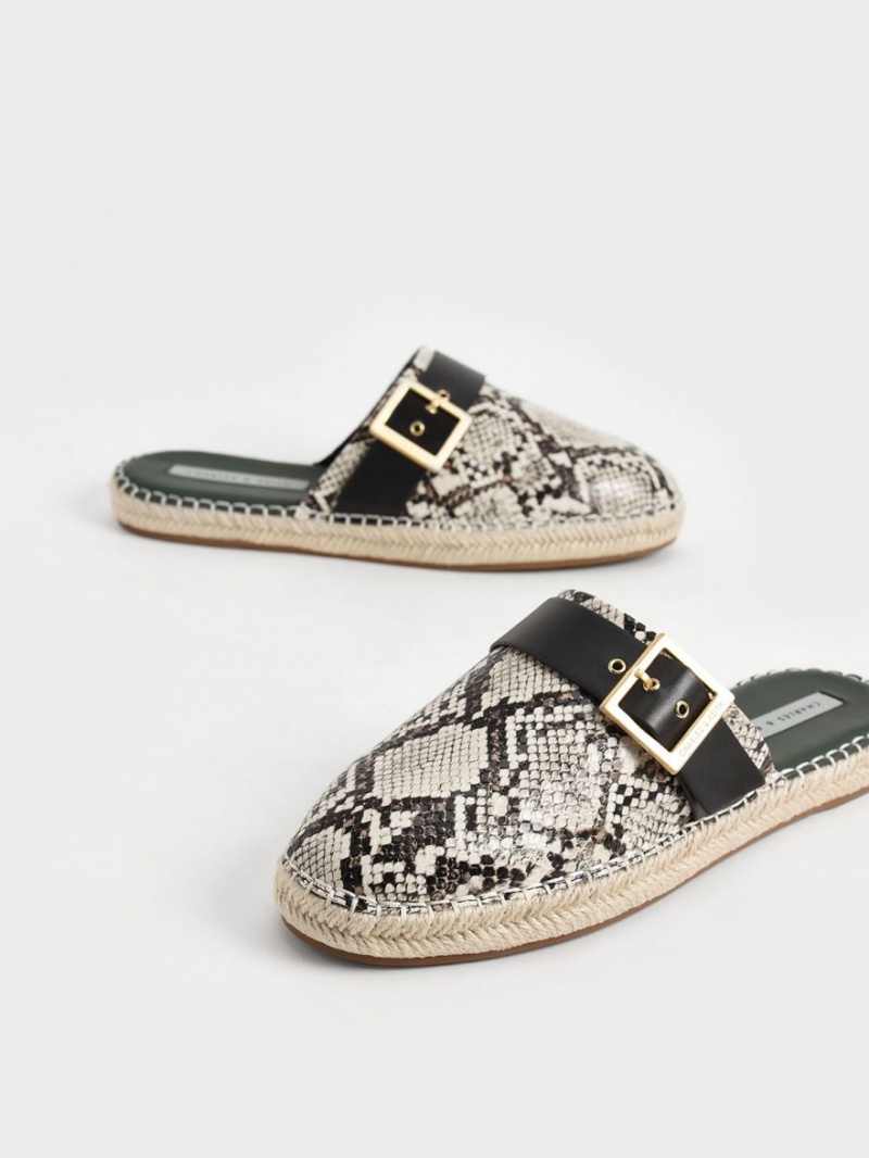 Mules Charles And Keith Snake-Print Buckled εσπαντριγιεσ Μπεζ | 65019-CYBO