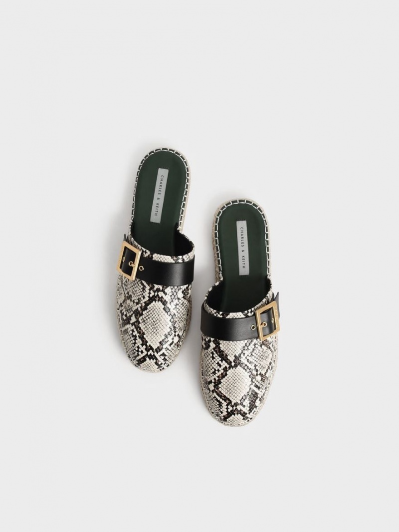 Mules Charles And Keith Snake-Print Buckled εσπαντριγιεσ Μπεζ | 65019-CYBO