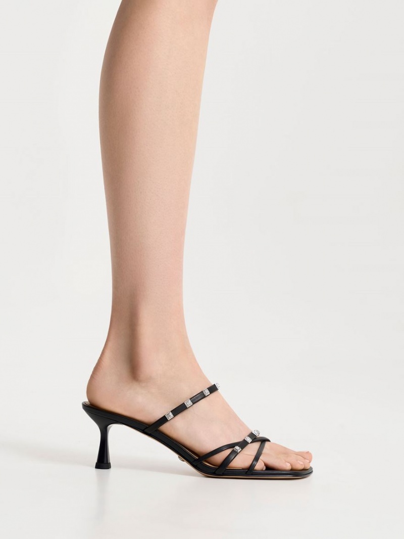 Mules Charles And Keith Square Crystal-Embellished δερματινα με τακουνι μαυρα | 48176-NTEH
