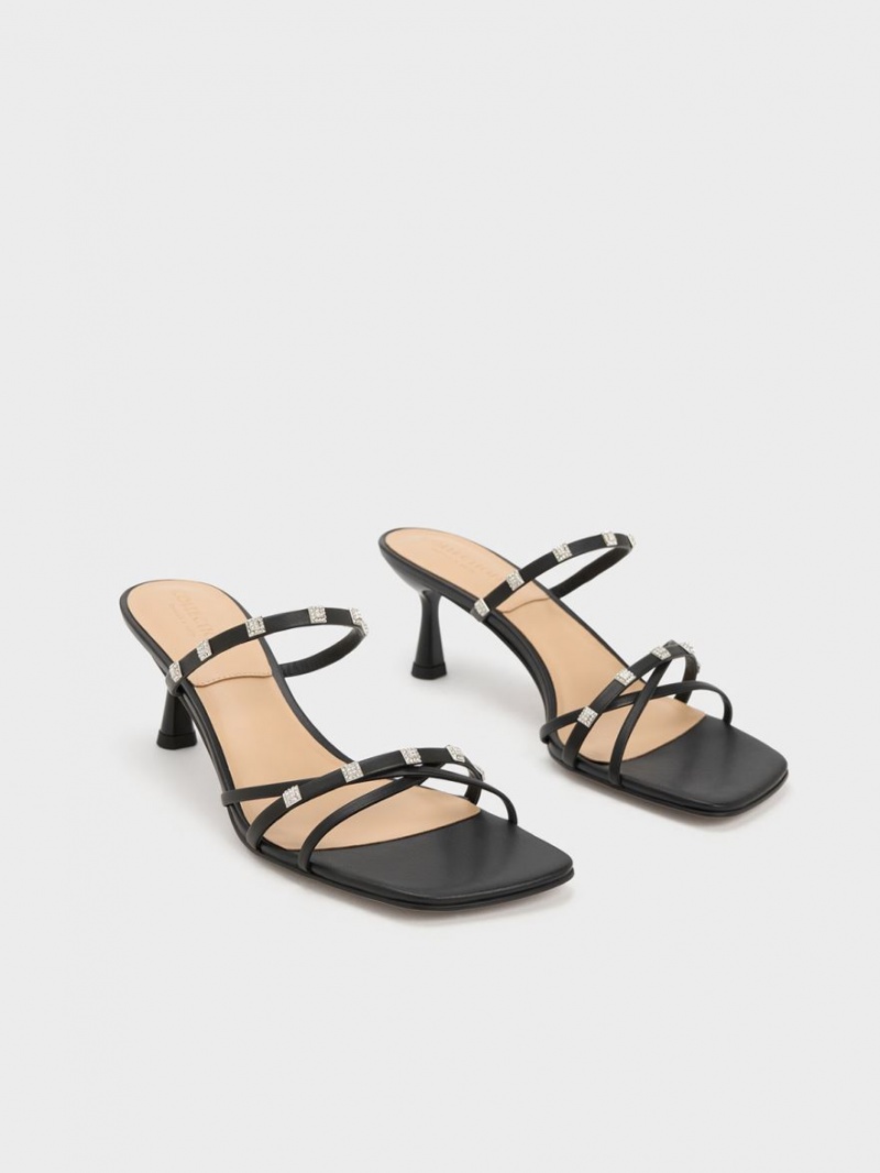 Mules Charles And Keith Square Crystal-Embellished δερματινα με τακουνι μαυρα | 48176-NTEH