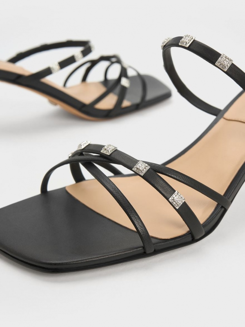 Mules Charles And Keith Square Crystal-Embellished δερματινα με τακουνι μαυρα | 48176-NTEH