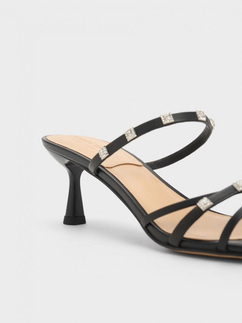 Mules Charles And Keith Square Crystal-Embellished δερματινα με τακουνι μαυρα | 48176-NTEH