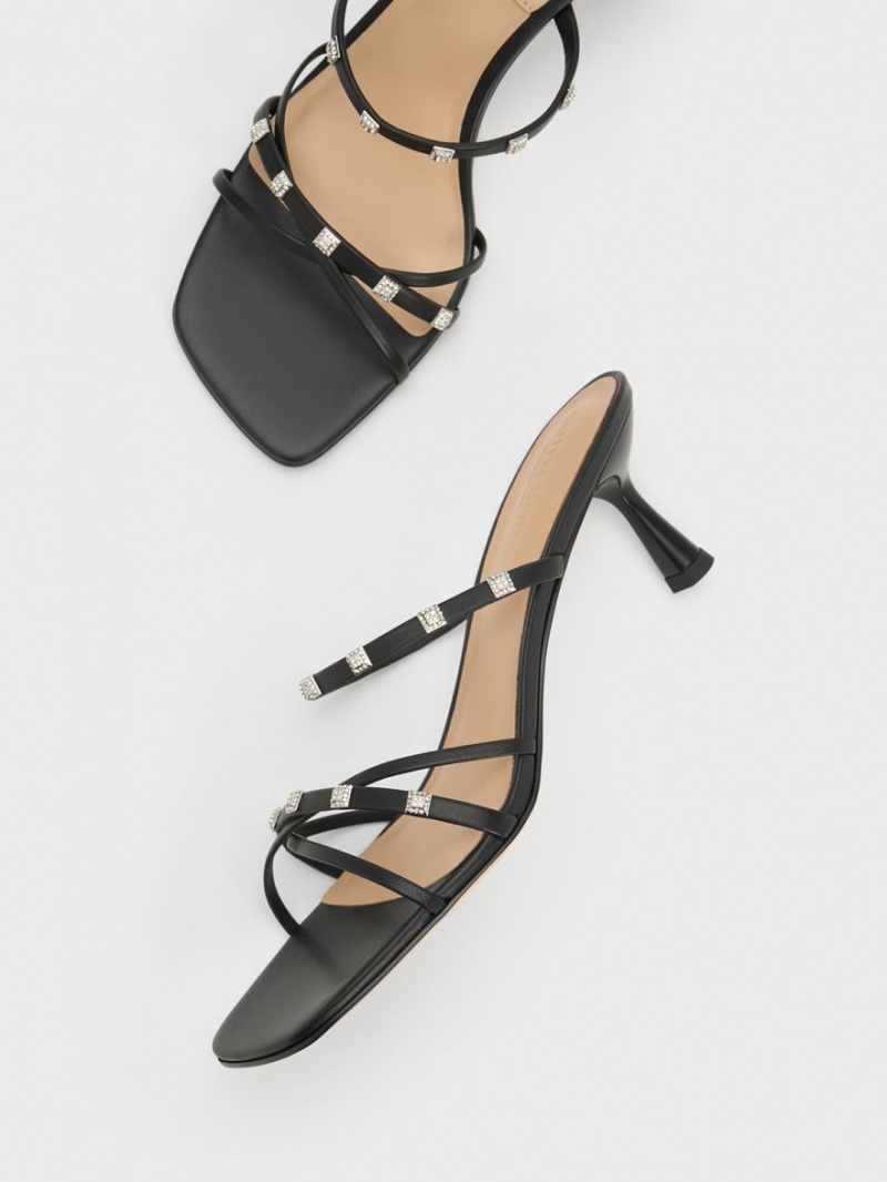Mules Charles And Keith Square Crystal-Embellished δερματινα με τακουνι μαυρα | 48176-NTEH