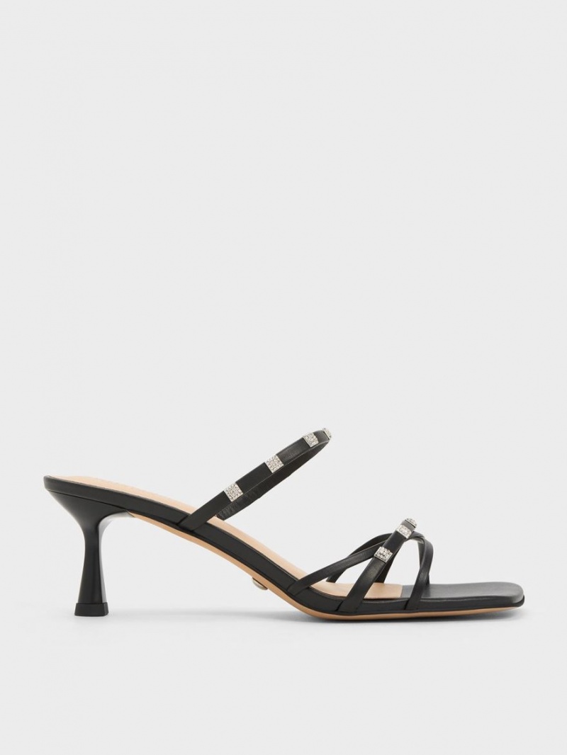 Mules Charles And Keith Square Crystal-Embellished δερματινα με τακουνι μαυρα | 48176-NTEH