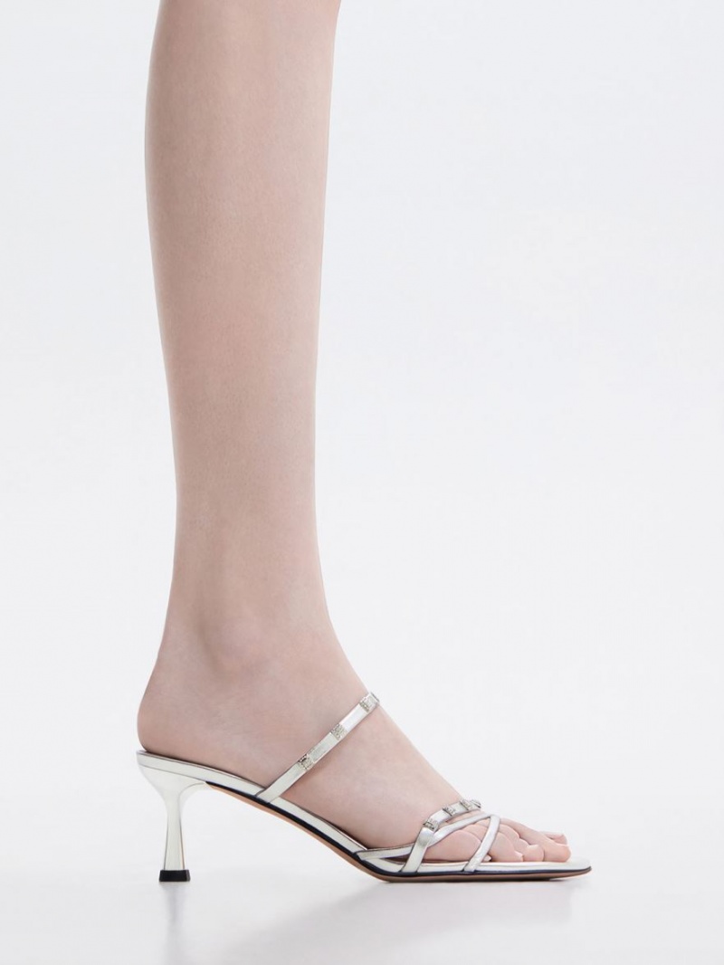 Mules Charles And Keith Square Crystal-Embellished Metallic δερματινα με τακουνι ασημι | 07485-CQGS