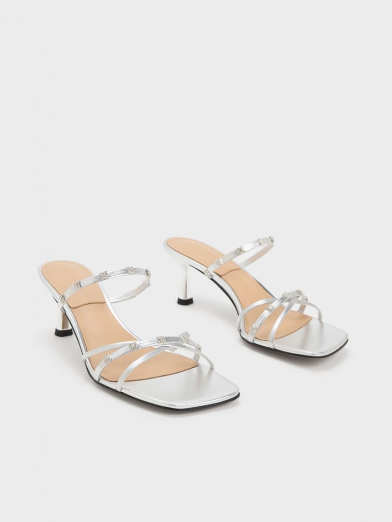 Mules Charles And Keith Square Crystal-Embellished Metallic δερματινα με τακουνι ασημι | 07485-CQGS