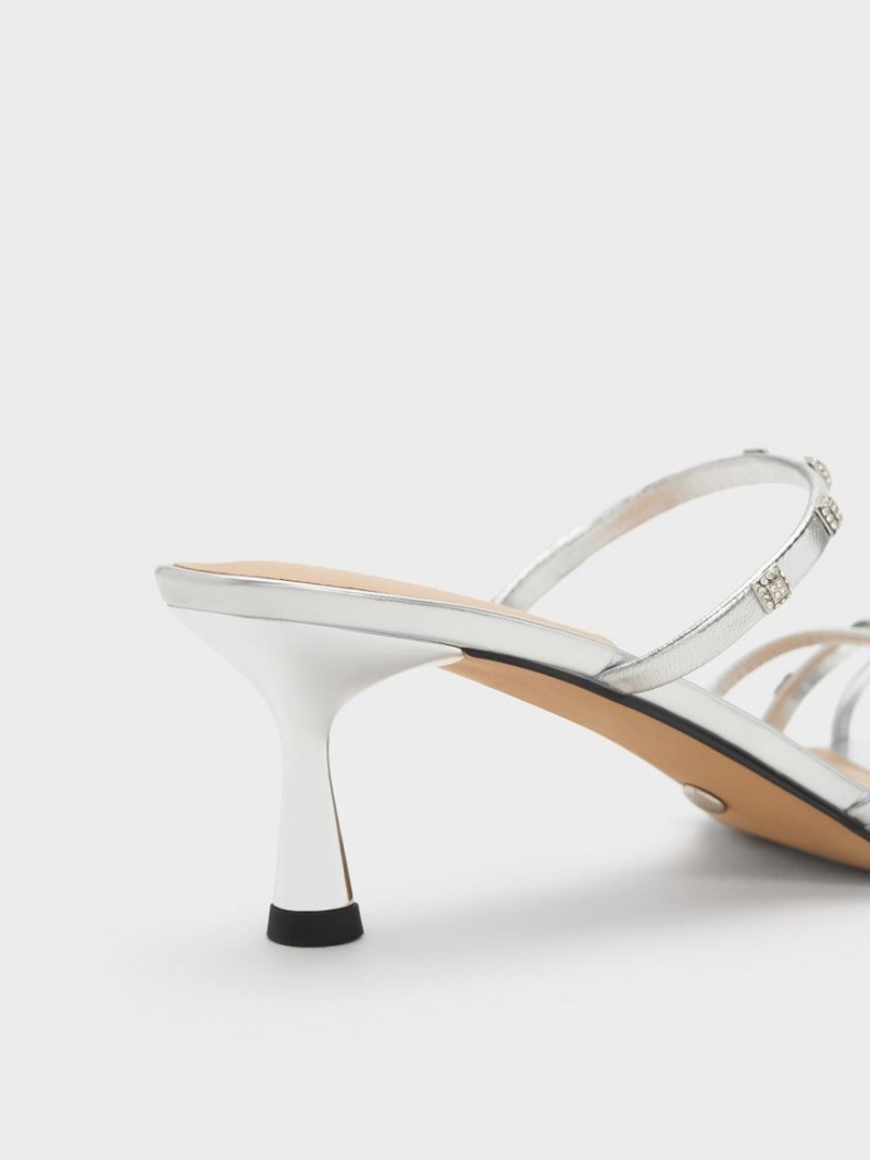 Mules Charles And Keith Square Crystal-Embellished Metallic δερματινα με τακουνι ασημι | 07485-CQGS