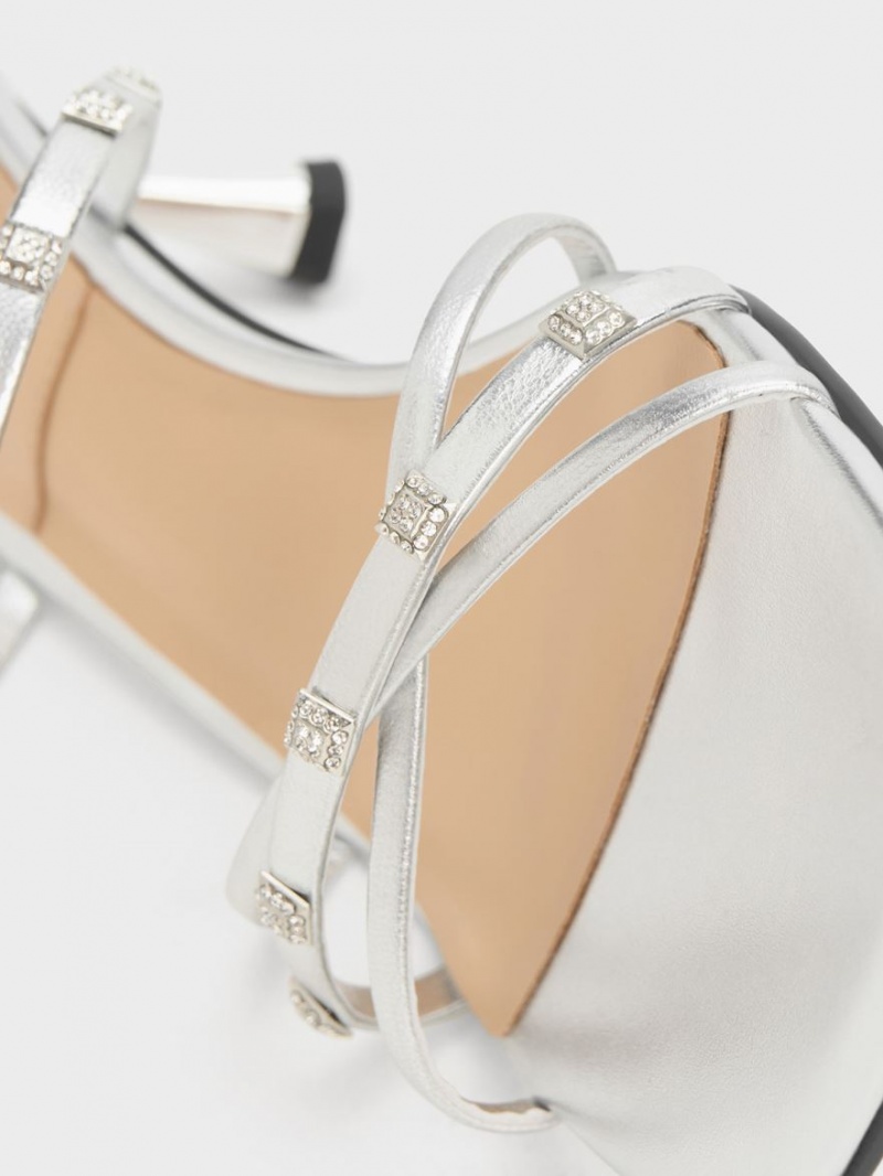 Mules Charles And Keith Square Crystal-Embellished Metallic δερματινα με τακουνι ασημι | 07485-CQGS