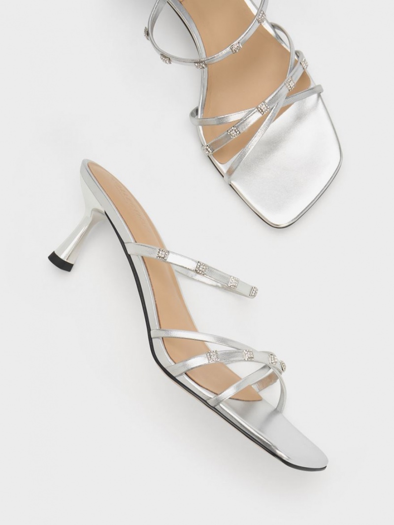 Mules Charles And Keith Square Crystal-Embellished Metallic δερματινα με τακουνι ασημι | 07485-CQGS