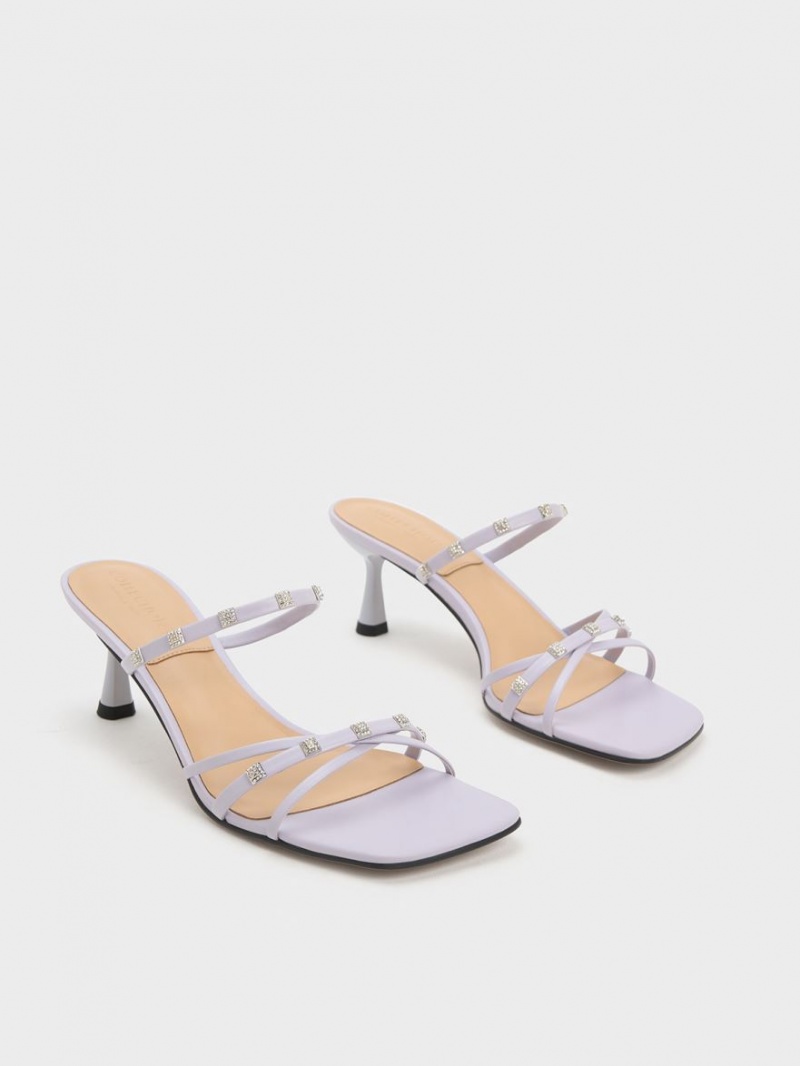 Mules Charles And Keith Square Crystal-Embellished Metallic δερματινα με τακουνι μωβ | 62493-CDMR