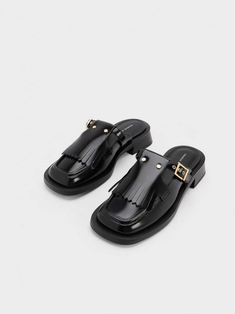 Mules Charles And Keith Studded Cut-Out Fringe μαυρα | 85321-QVTM