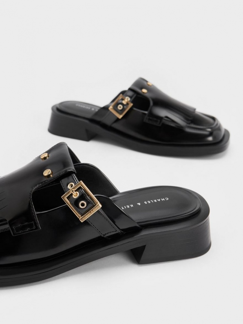 Mules Charles And Keith Studded Cut-Out Fringe μαυρα | 85321-QVTM