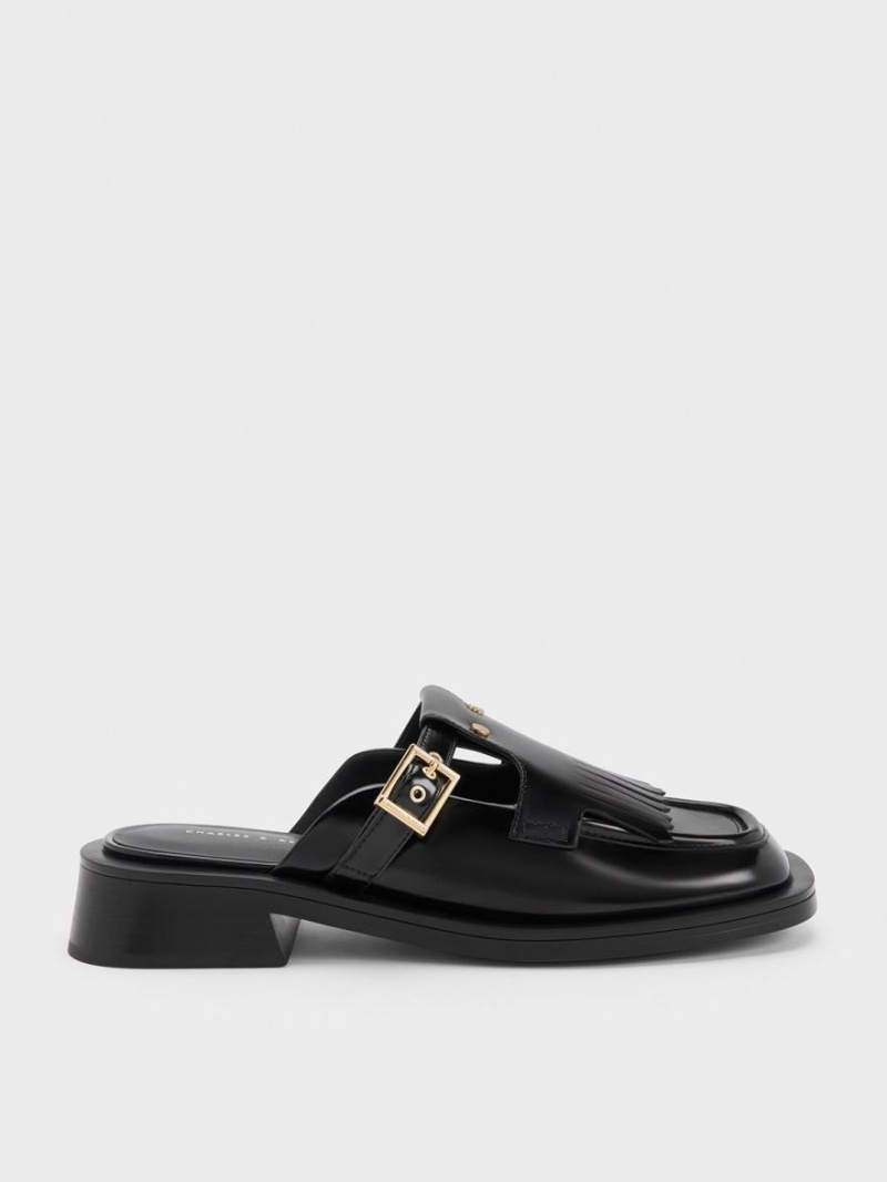 Mules Charles And Keith Studded Cut-Out Fringe μαυρα | 85321-QVTM