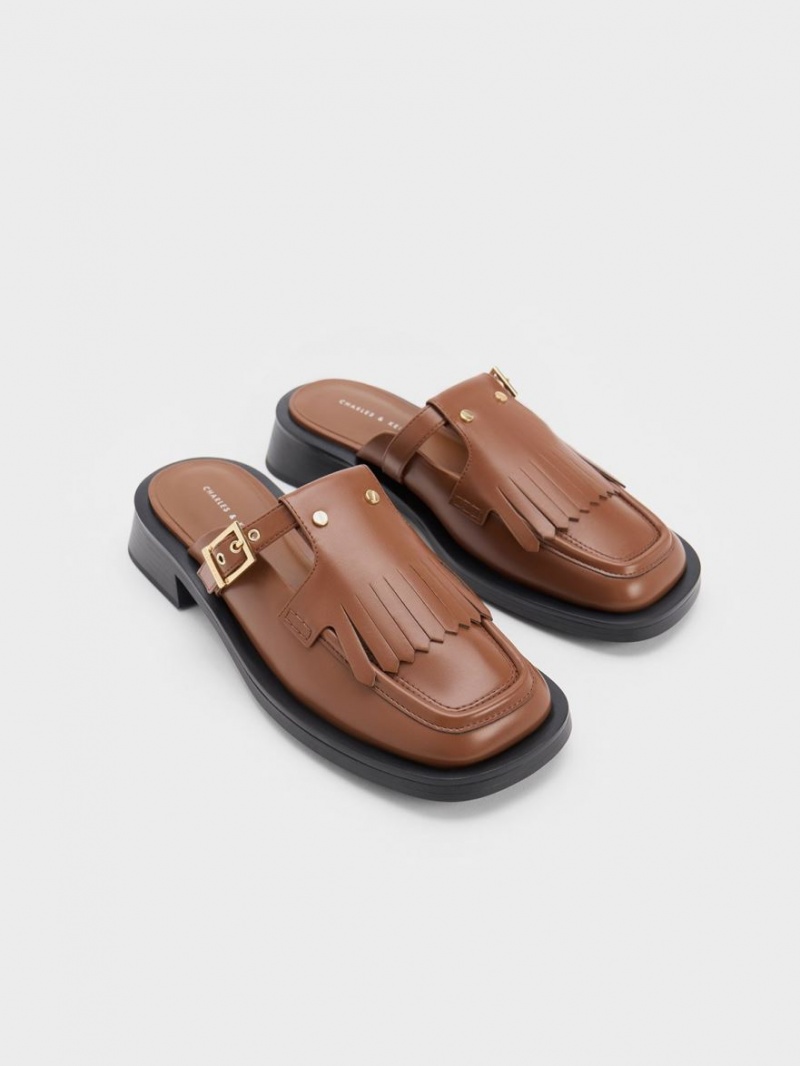 Mules Charles And Keith Studded Cut-Out Fringe καφε | 87109-WKVQ