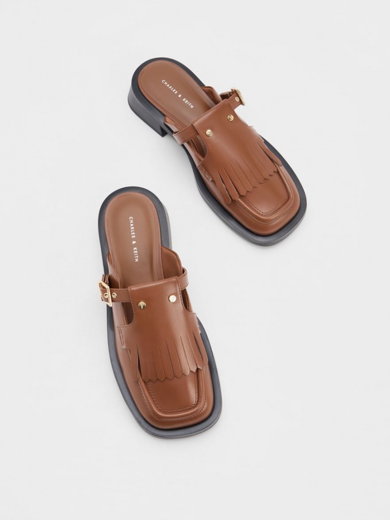 Mules Charles And Keith Studded Cut-Out Fringe καφε | 87109-WKVQ