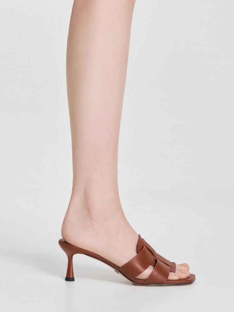 Mules Charles And Keith Trichelle Interwoven δερματινα Spool Heel σκούρο καφε | 34802-JMLD