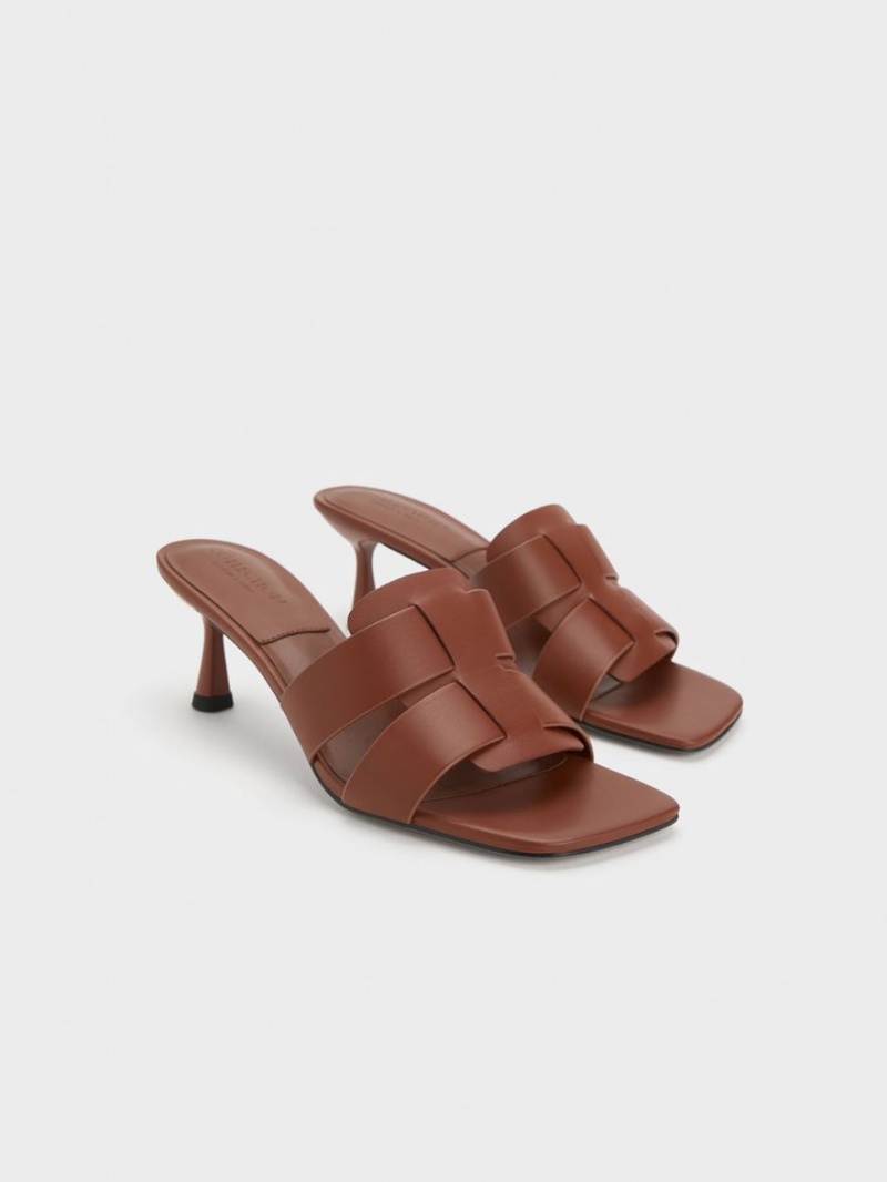 Mules Charles And Keith Trichelle Interwoven δερματινα Spool Heel σκούρο καφε | 34802-JMLD