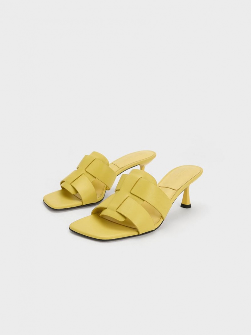 Mules Charles And Keith Trichelle Interwoven δερματινα Spool Heel κίτρινα | 27583-ILSQ