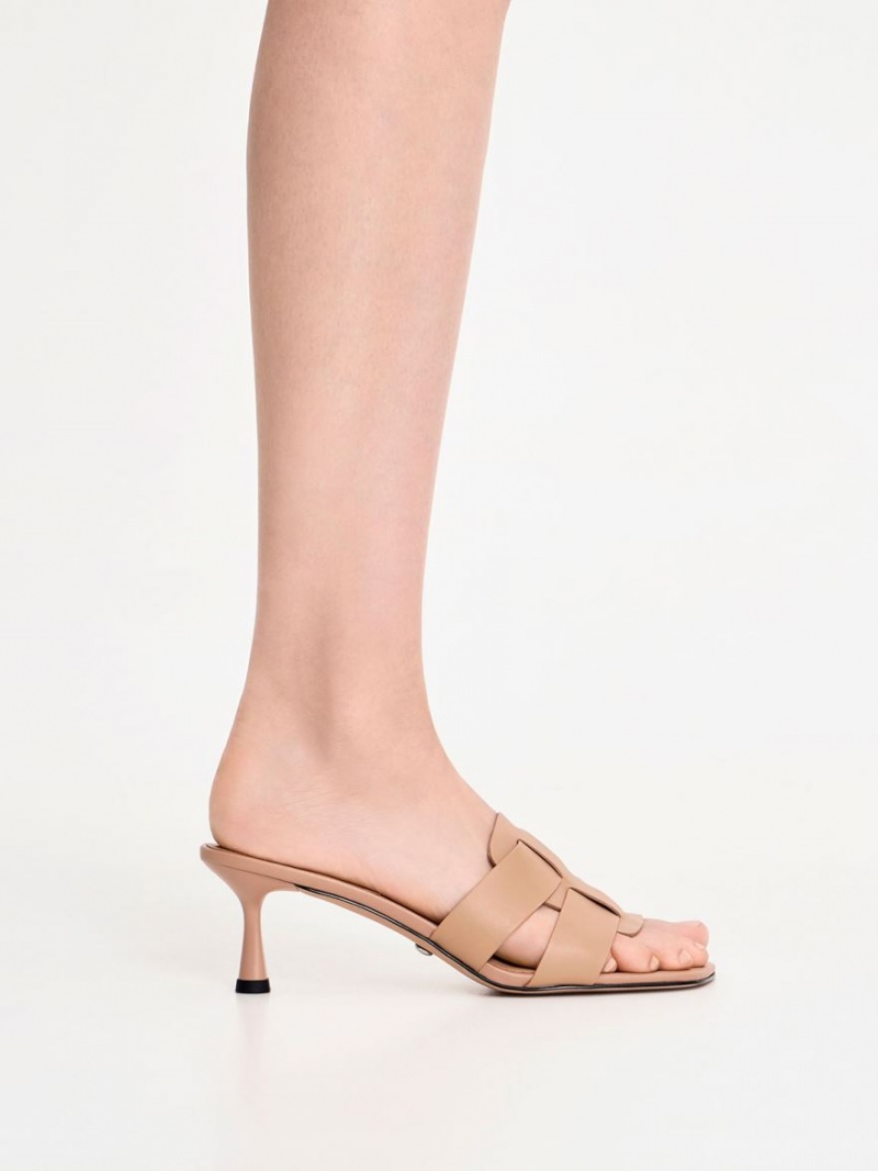 Mules Charles And Keith Trichelle Interwoven δερματινα Spool Heel Μπεζ | 50641-KMOG