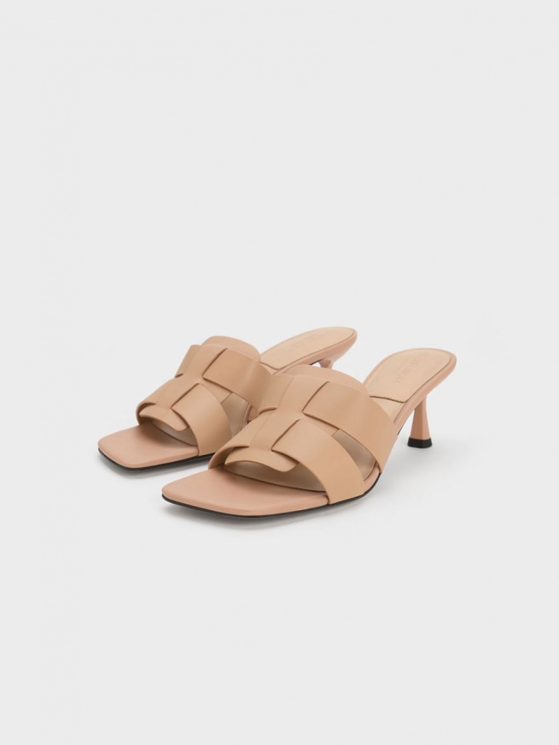 Mules Charles And Keith Trichelle Interwoven δερματινα Spool Heel Μπεζ | 50641-KMOG