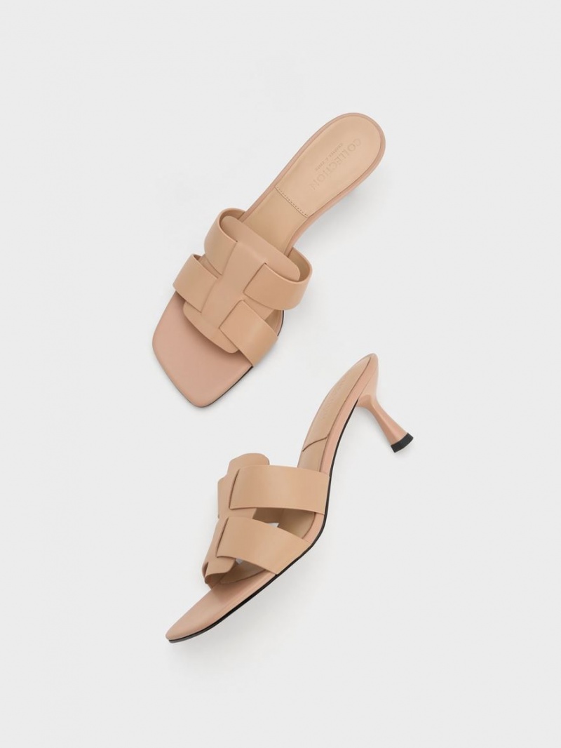Mules Charles And Keith Trichelle Interwoven δερματινα Spool Heel Μπεζ | 50641-KMOG