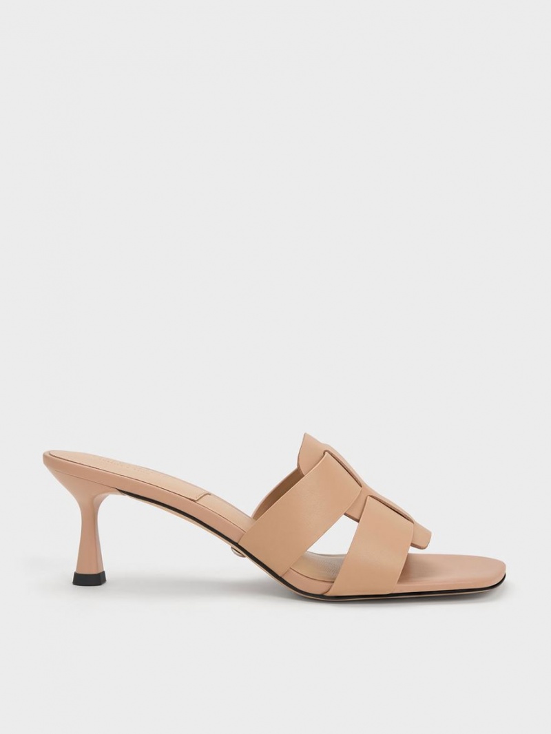 Mules Charles And Keith Trichelle Interwoven δερματινα Spool Heel Μπεζ | 50641-KMOG