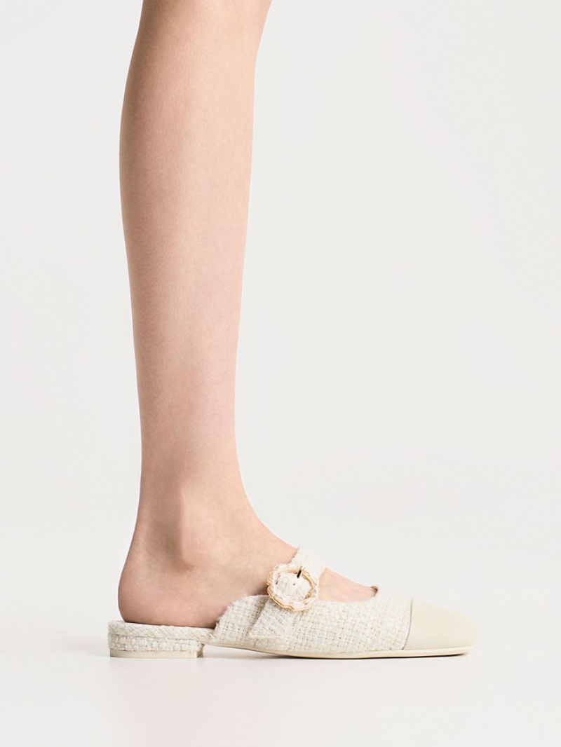 Mules Charles And Keith Tweed Pearl πόρπης Mary Jane ασπρα | 59142-QTWP