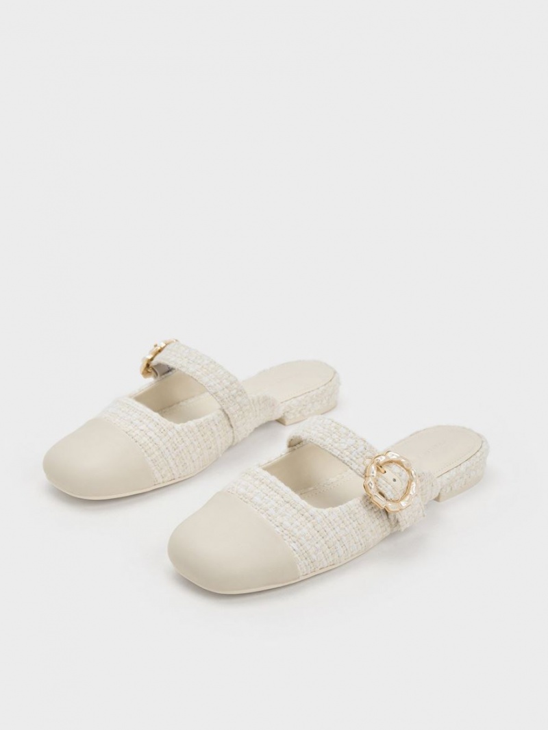 Mules Charles And Keith Tweed Pearl πόρπης Mary Jane ασπρα | 59142-QTWP