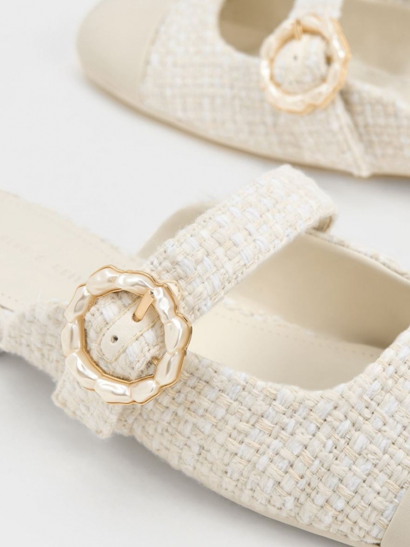 Mules Charles And Keith Tweed Pearl πόρπης Mary Jane ασπρα | 59142-QTWP