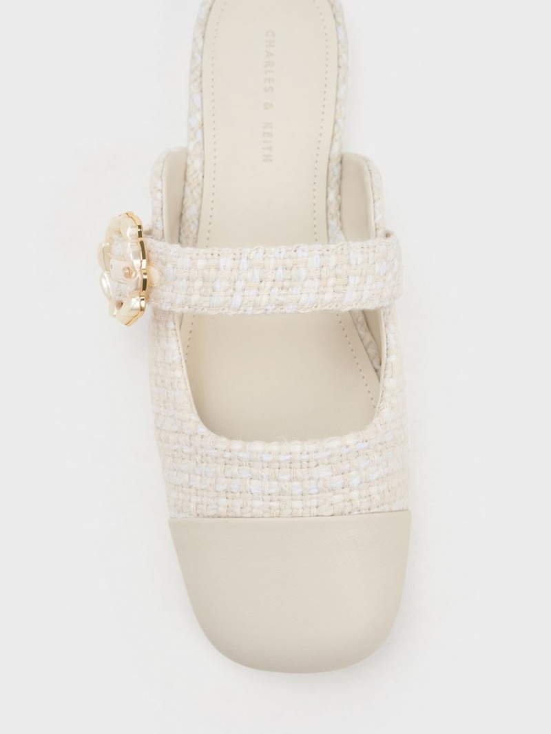 Mules Charles And Keith Tweed Pearl πόρπης Mary Jane ασπρα | 59142-QTWP