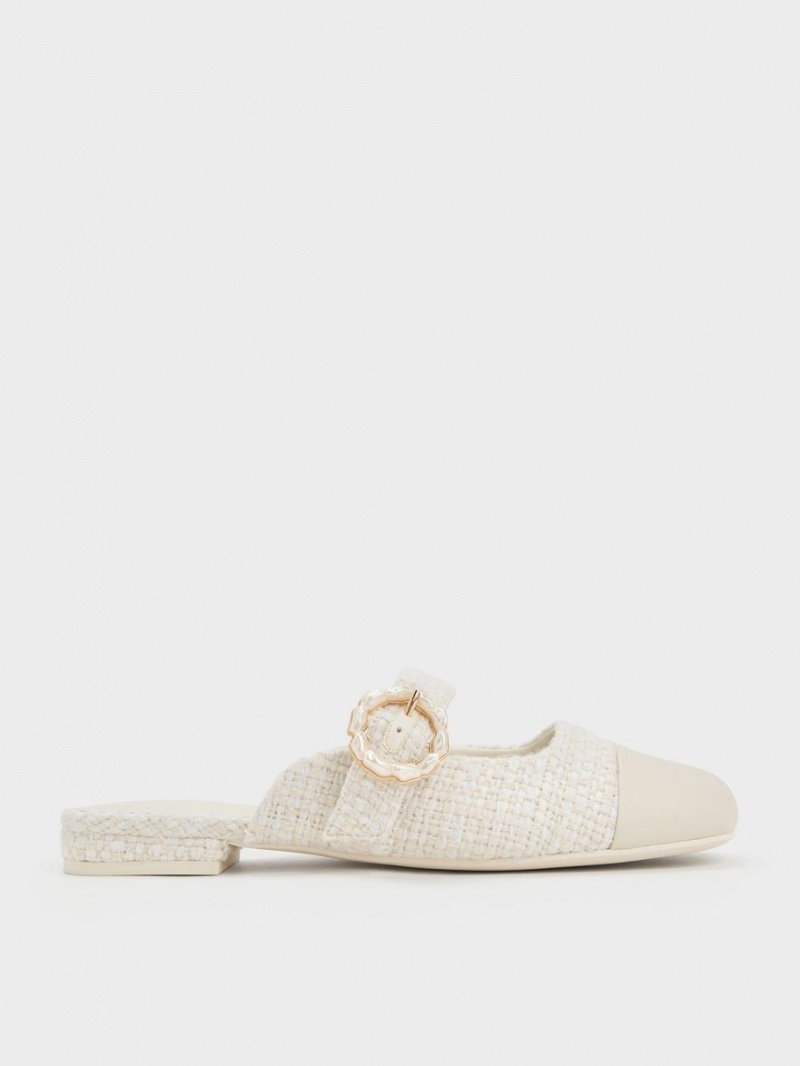 Mules Charles And Keith Tweed Pearl πόρπης Mary Jane ασπρα | 59142-QTWP