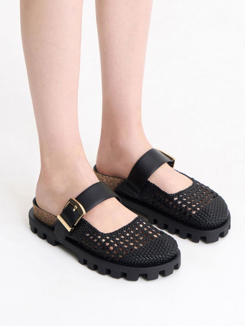 Mules Charles And Keith Woven Buckled φλατ μαυρα | 78614-WOID