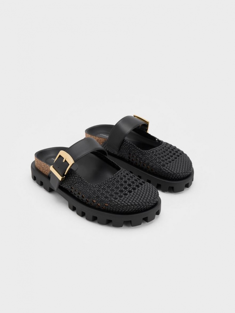 Mules Charles And Keith Woven Buckled φλατ μαυρα | 78614-WOID
